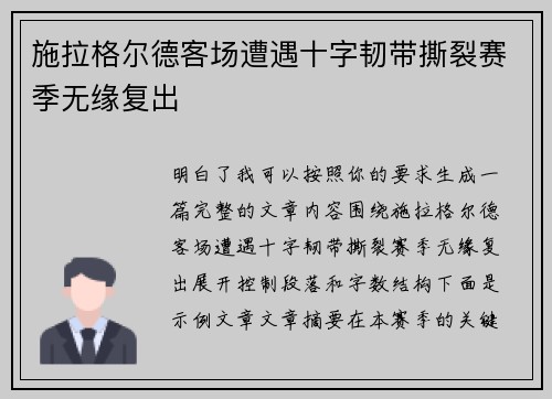 施拉格尔德客场遭遇十字韧带撕裂赛季无缘复出